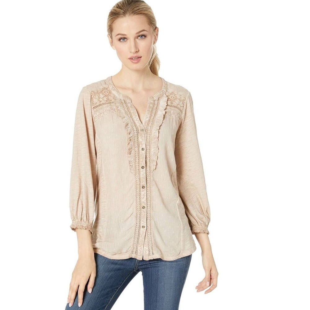 Vintage America Moonlight Etta Ruffle Trim Dobby & Lace Blouse Taupe Large‎ NEW